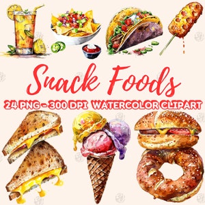 Watercolor Delicious Snack Foods PNG, Dessert Clip Art, Fast Food Clipart, Tasty Treats, Snack Time Illustration Bundle, Commercial Use