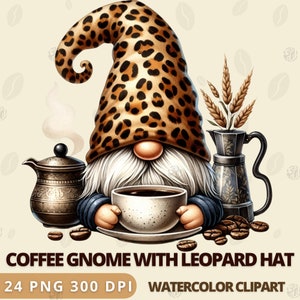 Watercolor Coffee Gnome Lover PNG, Cute Barista Bar Gnomes Clipart, Coffee Beans Bundle, Latte Decor, Leopard Hat Shirt Sublimation