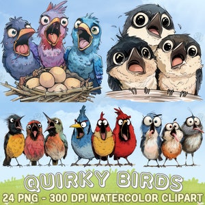 Watercolor Quirky Birds PNG, Funny Bird Clip Art Portrait, Whimsical Baby Bird Clipart, Silly Animals Wall Art Prints, Cute Cartoon Bundle