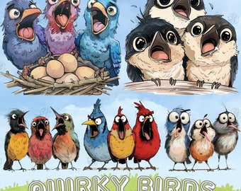 Acuarela pájaros extravagantes PNG, retrato de arte clip de pájaro divertido, imágenes prediseñadas de pájaro bebé caprichoso, impresiones de arte de pared de animales tontos, paquete de dibujos animados lindo