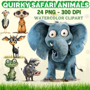Watercolor Quirky Safari Animals PNG, Silly Wild Animal Clip Art, Safari Zoo Clipart, Wildlife Wall Prints, Whimsical Nature Jungle Bundle