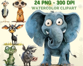 Watercolor Quirky Safari Animals PNG, Silly Wild Animal Clip Art, Safari Zoo Clipart, Wildlife Wall Prints, Whimsical Nature Jungle Bundle
