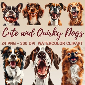 Watercolor Cute and Quirky Dogs PNG, Fun Pet Clip Art, Funny Dog Clipart, Puppy Wall Prints, Animal Illustration Bundle, Commercial Use
