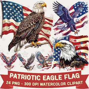 Watercolor Patriotic Eagle Flag PNG, United States Eagle Clip Art Portrait, USA Clipart Paintings, Bird Wall Art Prints, Illustration Bundle
