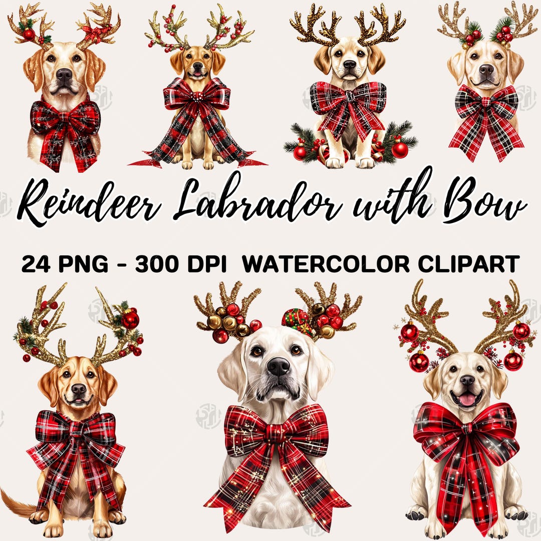 Watercolor Reindeer Labrador With Plaid Bow Christmas PNG, Dog Antlers ...