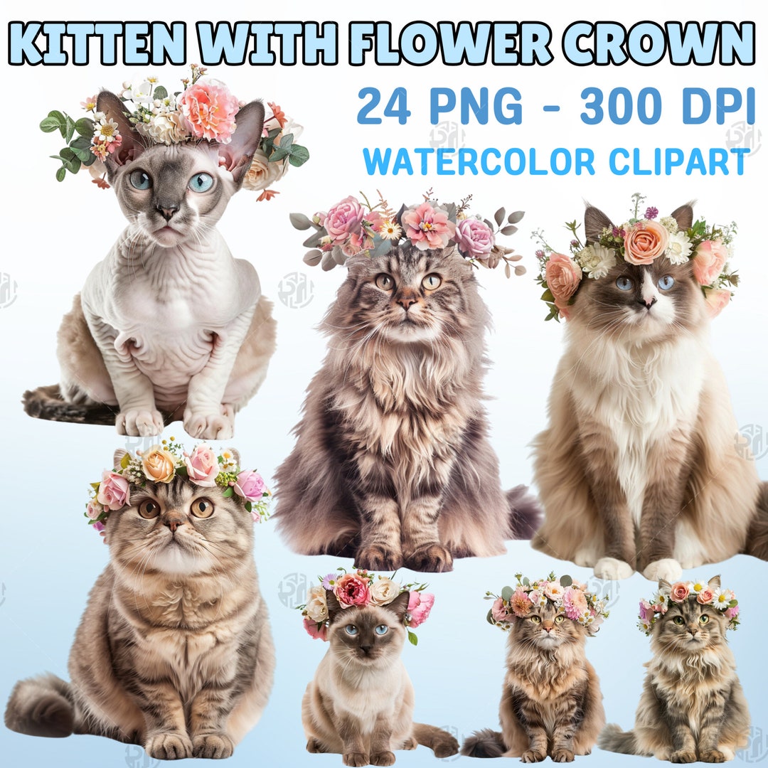 Watercolor Kitten With Flower Crown PNG, Cute Floral Cat Clip Art ...