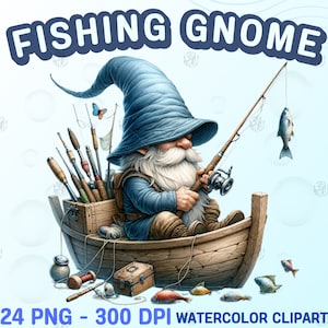 Watercolor Fishing Gnome PNG, Cute Fisherman Gnomes Clipart, Fly Fishing Clip Art, Sublimation Bass Fishing Bundle, Art Work Sublimate