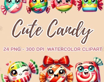 Watercolor Cute Candy PNG, Funny Faces Clip Art, Kawaii Sweet Treats Clipart, Playful Wall Prints, Illustration Bundle, Commercial Use