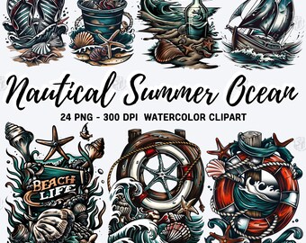 Watercolor Nautical Summer Ocean PNG, Beach Clip Art Portrait, Blue Sea Clipart Paintings, Holiday Wall Prints, Seashell Illustration Bundle
