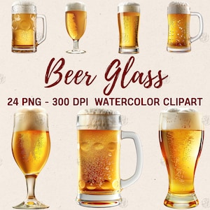 Puede incluir: Un conjunto de 24 imágenes de clipart de acuarela de vasos de cerveza en varios estilos, incluyendo jarras, copas y vasos de cerveza. Los vasos están llenos de una cerveza de color amarillo dorado y tienen una cabeza espumosa blanca. Las imágenes son de alta resolución y perfectas para proyectos digitales.