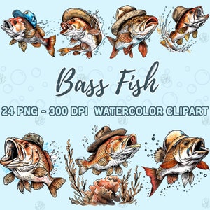 Watercolor Bass Fish PNG, Funny Fishing Clip Art, Fisherman River Clipart, Wild Lake Wall Prints, Angling Sport Illustration Bundle