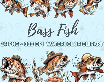 Watercolor Bass Fish PNG, Funny Fishing Clip Art, Fisherman River Clipart, Wild Lake Wall Prints, Angling Sport Illustration Bundle