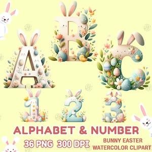 Aquarell Osterhase Alphabet & Zahl PNG, Osterhase Clipart, süßes Kaninchen, ABC Wandkunst, Kinderzimmer Tier Rosen Dekor, A-Z 0-9 Bundle