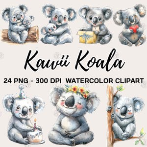 Watercolor Cute Koala PNG, Baby Wildlife Clip Art, Kawaii Koala Clipart, Animal Wall Prints, Illustration Bundle, Commercial Use