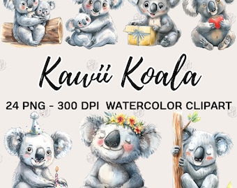 Acuarela lindo Koala PNG, bebé vida silvestre Clip Art, Kawaii Koala Clipart, impresiones de pared de animales, paquete de ilustración, uso comercial