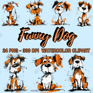 Watercolor Quirky Cartoon Dog PNG, Splashes of Color Clip Art, Funny Clipart, Colorful Wall Prints, Illustration Bundle, Commercial Use