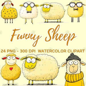 Aquarelle drôle de mouton PNG, clipart mignon et original, clipart de dessin animé, impressions murales animaux de la ferme, lot d'illustrations, usage Commercial