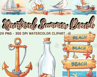 Watercolor Nautical Summer Beach PNG, Ocean Clip Art Portrait, Travel Trip Clipart Paintings, Holiday Wall Prints, Boat Illustration Bundle