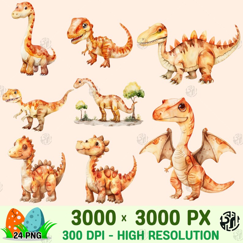 Watercolor Cute Dinosaur With Orange Spots PNG, Baby Dinosaur Clip Art ...