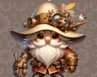 Acuarela lindo Steampunk Gnome Clipart, Gnomos PNG, Decoración gráfica, Paquete de sublimación, Sublimate Steampunk pirata, Decoración de arte de pared