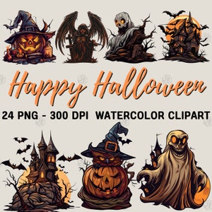 Watercolor Happy Halloween Party PNG, Witch Clip Art, Ghost Clipart, Bat Spider Wall Prints, Zombie Illustration Bundle, Commercial Use