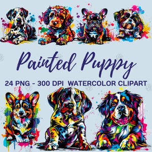Watercolor Painted Puppy PNG, Vibrant Puppies Clip Art, Colorful Dog Clipart, Cute Pet Wall Prints, Illustration Bundle, Commercial Use