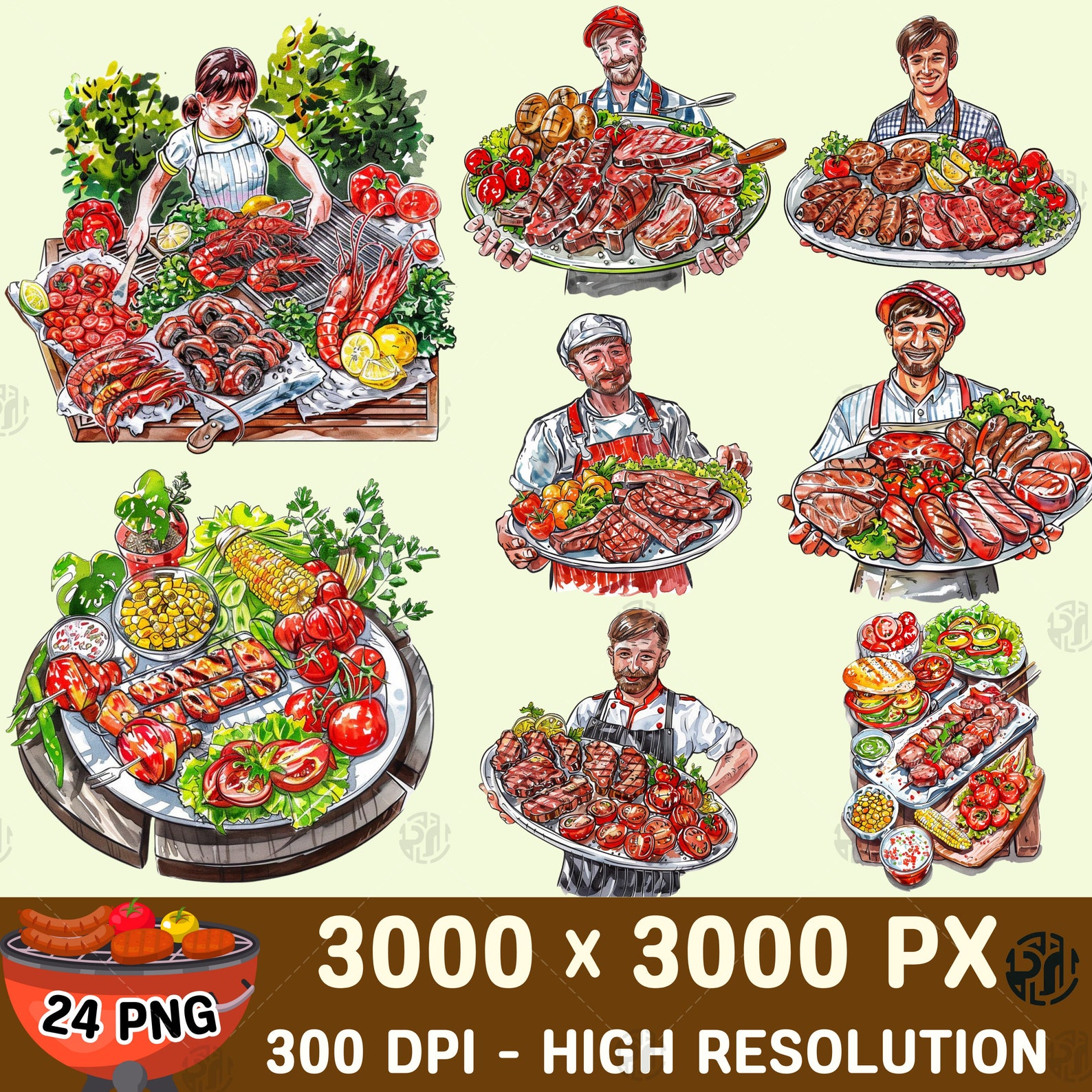 Watercolor Barbecue Summer Party PNG, BBQ Grill Clip Art Portrait ...