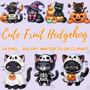 Watercolor Black Cat Halloween PNG, Kawaii Pumpkin Clip Art, Cute Ghost Clipart, Spooky Skeleton, Witch Illustration Bundle, Commercial Use