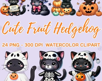 Watercolor Black Cat Halloween PNG, Kawaii Pumpkin Clip Art, Cute Ghost Clipart, Spooky Skeleton, Witch Illustration Bundle, Commercial Use
