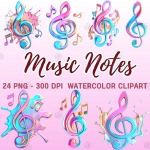 Watercolor Music Notes PNG, Symbol Note Clip Art, Melody Sound Clipart Paintings, Musical Key Wall Art Prints, Media Illustration Bundle