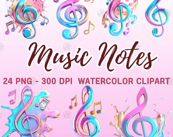 Notas musicales de acuarela PNG, imágenes prediseñadas de notas de símbolo, pinturas de imágenes prediseñadas de sonido de melodía, impresiones de arte de pared de clave musical, paquete de ilustración de medios