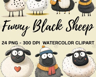 Watercolor Funny Black Sheep PNG, Cute Animal Clip Art, Farm Clipart, Cartoon Wall Prints, Nursery Illustration Bundle, Commercial Use