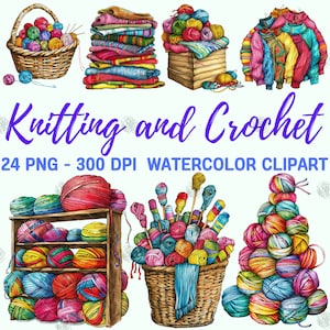 Watercolor Knitting and Crochet PNG, Yarn Clip Art, Needlework Clipart, Wool Wall Prints, Crocheting Illustration Bundle, Commercial Use