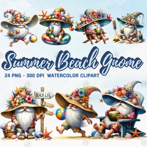Watercolor Summer Beach Gnome PNG, Gnomes Trip Clip Art Portrait, Ocean Clipart Paintings, Summer Travel Wall Prints, Nautical Bundle