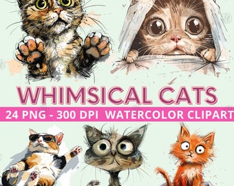 Watercolor Whimsical Cats PNG, Quirky Kitten Clip Art Portrait, Cute Cat Clipart Paintings, Funny Animal Wall Art Prints, Pet Bundle