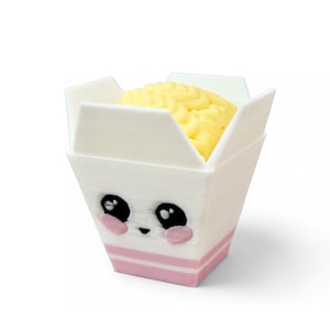 May include: A white takeout container with a cute panda face design, filled with yellow food. The container has pink accents and a cartoon face with black eyes and pink cheeks. The food inside appears to be a yellow, textured substance.