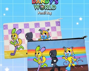 May include: Two pencil bags with cartoon characters. One bag is white with a purple and white checkered pattern. The other is blue with a rainbow stripe. The text "Fanmade Dandy's World Pencil Bag" is at the top.