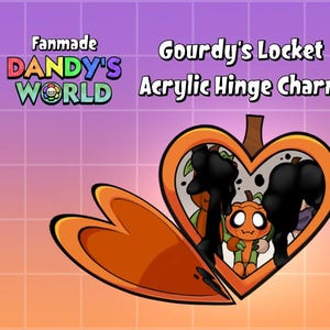 May include: An orange acrylic hinge charm in the shape of a heart, featuring a pumpkin-themed design. The charm is from "Dandy's World" and is labeled "Gourdy's Locket." The charm has a hinged design, and the interior features cartoon characters.