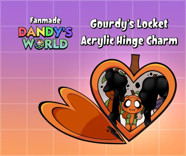 May include: An orange acrylic hinge charm in the shape of a heart, featuring a pumpkin-themed design. The charm is from "Dandy's World" and is labeled "Gourdy's Locket." The charm has a hinged design, and the interior features cartoon characters.
