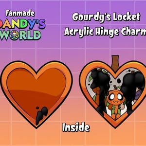 May include: An orange heart-shaped acrylic hinge charm, with the text "Gourdy's Locket" and "Acrylic Hinge Charm". The charm is from "Dandy's World". The inside of the charm features a pumpkin character.