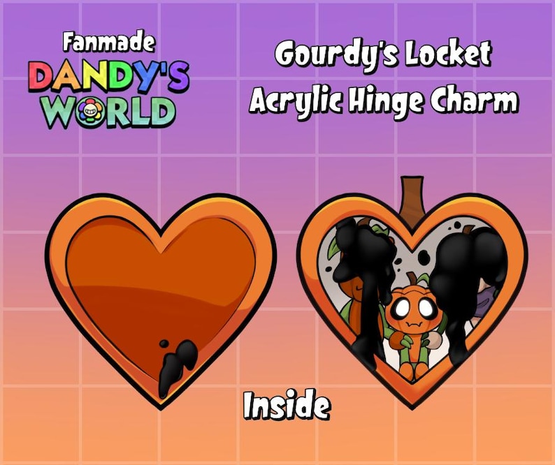 May include: An orange heart-shaped acrylic hinge charm, with the text "Gourdy's Locket" and "Acrylic Hinge Charm". The charm is from "Dandy's World". The inside of the charm features a pumpkin character.