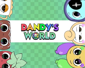 May include: A whimsical illustration featuring a green checkered background with various cartoon characters surrounding the text "Dandy's World". The characters have large eyes and unique designs, with a colorful logo.
