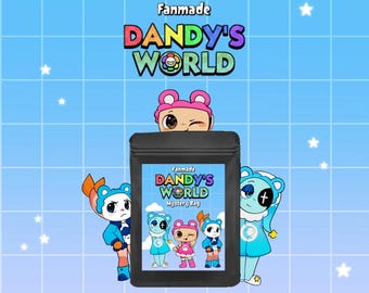 May include: A graphic featuring the text "Fanmade Dandy's World" above a black bag labeled "Dandy's World Mystery Bag." Cartoon characters with bear-like features in blue, pink, and white are also shown. The background is light blue with white stars.