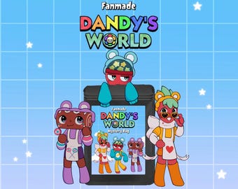 May include: A black mystery bag featuring the text Fanmade DANDY'S WORLD Mystery Bag and illustrations of three cartoon characters. The bag is surrounded by three additional cartoon characters on a light blue grid background with white stars.