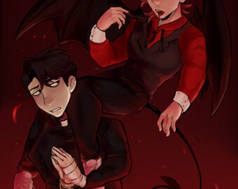 May include: A digital illustration of two figures against a red background. One figure is a man with black hair and a black priest's collar, wearing a black robe and holding a rosary. The other figure is a man with red hair and horns, wearing a red shirt and black pants, with black wings and a tail.