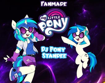 May include: A digital illustration of two My Little Pony characters in DJ attire. One pony is in a white jacket, purple shorts, and headphones. The other pony is in a similar outfit, with a music note on its flank. The words "FANMADE" and "DJ PONY STANDEE" are visible.
