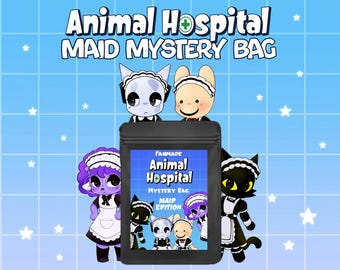 May include: A black mystery bag featuring the text Animal Hospital Maid Mystery Bag and Fanmade Animal Hospital Mystery Bag Maid Edition. The design includes cartoon animal characters wearing maid outfits with white aprons and headpieces.