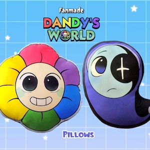 Può includere: Due cuscini di peluche con disegni di cartoni animati. Uno è un fiore colorato con una faccia sorridente. L'altro è un personaggio viola a forma di fantasma con un'espressione triste e una croce sul viso. È visibile anche il testo "Fanmade Dandy's World" e "Pillows".