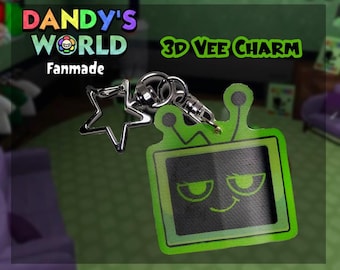 May include: A 3D Vee Charm keychain featuring a green television design with a smiling face. The keychain includes a silver star-shaped charm and the text "Dandy's World Fanmade".