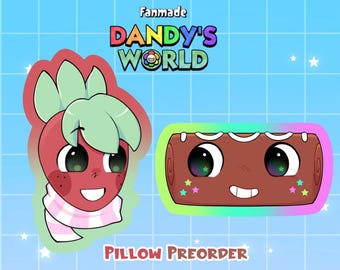May include: A digital illustration featuring two characters from Dandy's World. On the left, a red strawberry-like character with light green hair and a pink scarf. On the right, a brown rectangular character with white icing and colorful stars.